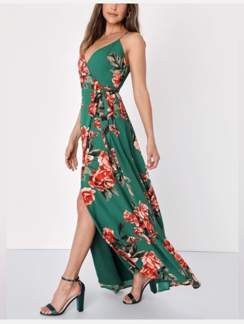 Lulus Floral Flirtstion Green Floral Wrap Maxi Dress